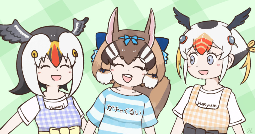 3girls animal_ears atlantic_puffin_(kemono_friends) bird_wings black_hair blue_eyes brown_hair chipmunk_ears chipmunk_girl chipmunk_tail dress extra_ears feathered_wings green_background hair_ornament head_wings hissaa_(hisser) kemono_friends kemono_friends_3 kemono_friends_v_project multicolored_hair multiple_girls ribbon shirt short_hair siberian_chipmunk_(kemono_friends) simple_background t-shirt tail tufted_puffin_(kemono_friends) two-tone_hair virtual_youtuber white_hair wings