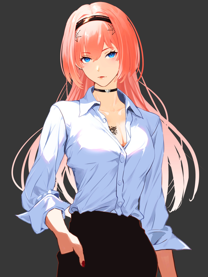 1girl absurdres blue_eyes breast_tattoo breasts choker cleavage cohi27151463 collared_shirt cowboy_shot dress_shirt grey_background hand_in_pocket highres hololive long_hair looking_at_viewer nail_polish pants partially_unbuttoned red_nails shirt shirt_tucked_in simple_background sleeves_pushed_up solo takane_lui tattoo unbuttoned unbuttoned_shirt virtual_youtuber