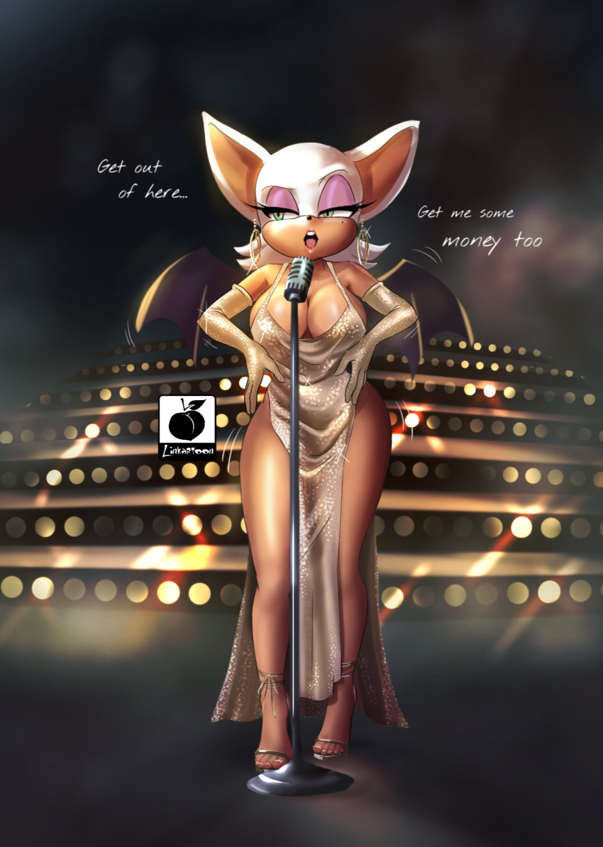 2023 anthro armwear bat breasts cleavage clothed clothing dialogue ear_piercing ear_ring elbow_gloves english_text eyeshadow feet female fingers footwear fur gloves handwear hi_res linkartoon makeup mammal narrowed_eyes open_mouth piercing ring_piercing rouge_the_bat sandals sega signature solo sonic_the_hedgehog_(series) tan_body tan_skin text toes white_body white_fur wings