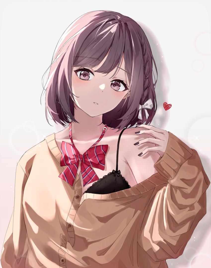 1girl black_bra black_nails bow bowtie bra braid brown_cardigan brown_eyes brown_hair buttons cardigan cardigan_partially_removed fingernails fuyutsuki11 hair_bow hand_on_own_shoulder heart highres long_sleeves looking_at_viewer nail_polish no_shirt off_shoulder parted_lips project_sekai red_bow red_bowtie school_uniform shadow shinonome_ena short_hair short_sleeves simple_background single_braid sleeves_past_wrists solo striped striped_bow striped_bowtie underwear white_background white_bow