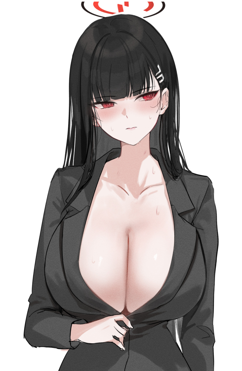 1girl alracoco averting_eyes black_hair black_jacket blazer blue_archive breasts cleavage collarbone halo highres huge_breasts jacket long_hair no_shirt red_eyes rio_(blue_archive) simple_background solo straight_hair upper_body very_long_hair white_background