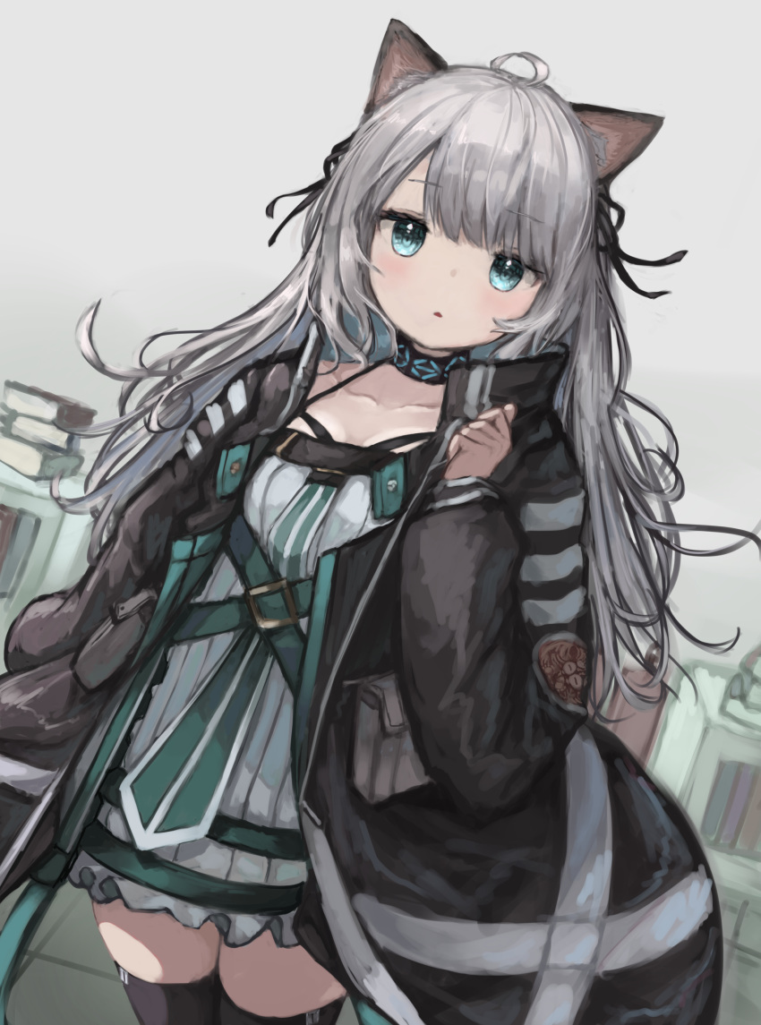 1girl absurdres ahoge animal_ear_fluff animal_ears arknights black_jacket black_thighhighs blue_eyes book book_stack cat_ears collarbone commentary dress grey_hair highres indoors jacket long_hair long_sleeves looking_at_viewer mint_(arknights) open_clothes open_jacket parted_lips puffy_long_sleeves puffy_sleeves sleeves_past_wrists solo standing teruriu thighhighs very_long_hair white_dress