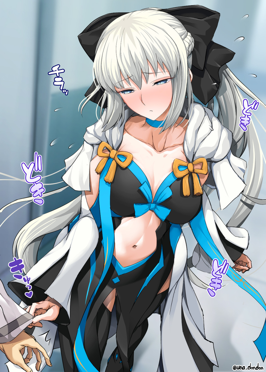 1girl black_bow black_dress black_footwear blue_eyes boots bow braid breasts center_opening cleavage collarbone dress fate/grand_order fate_(series) french_braid grey_hair hair_bow highres large_breasts long_hair long_sleeves looking_at_viewer morgan_le_fay_(fate) navel pelvic_curtain ponytail sidelocks solo_focus thigh_boots thighs two-tone_dress unadon very_long_hair white_dress wide_sleeves