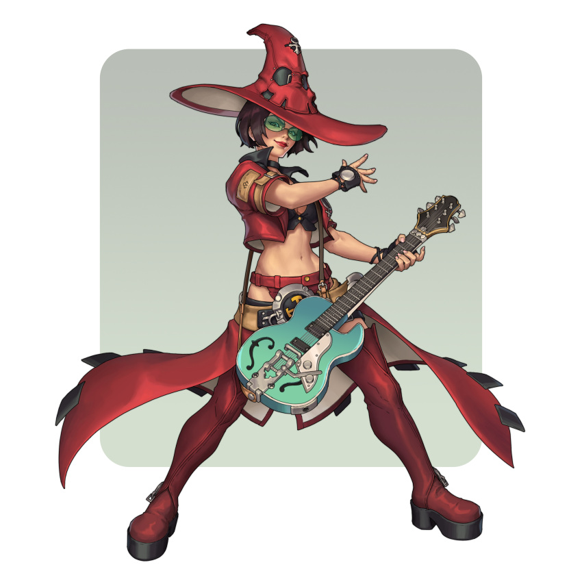 1girl absurdres black_hair boots breasts cleavage electric_guitar fingerless_gloves full_body gloves green-tinted_eyewear guilty_gear guilty_gear_strive guitar hat highres i-no instrument large_breasts lawrenceofhong looking_at_viewer mole mole_above_mouth red_footwear red_headwear red_leather red_lips short_hair standing sunglasses thigh_boots tinted_eyewear venus_symbol witch_hat