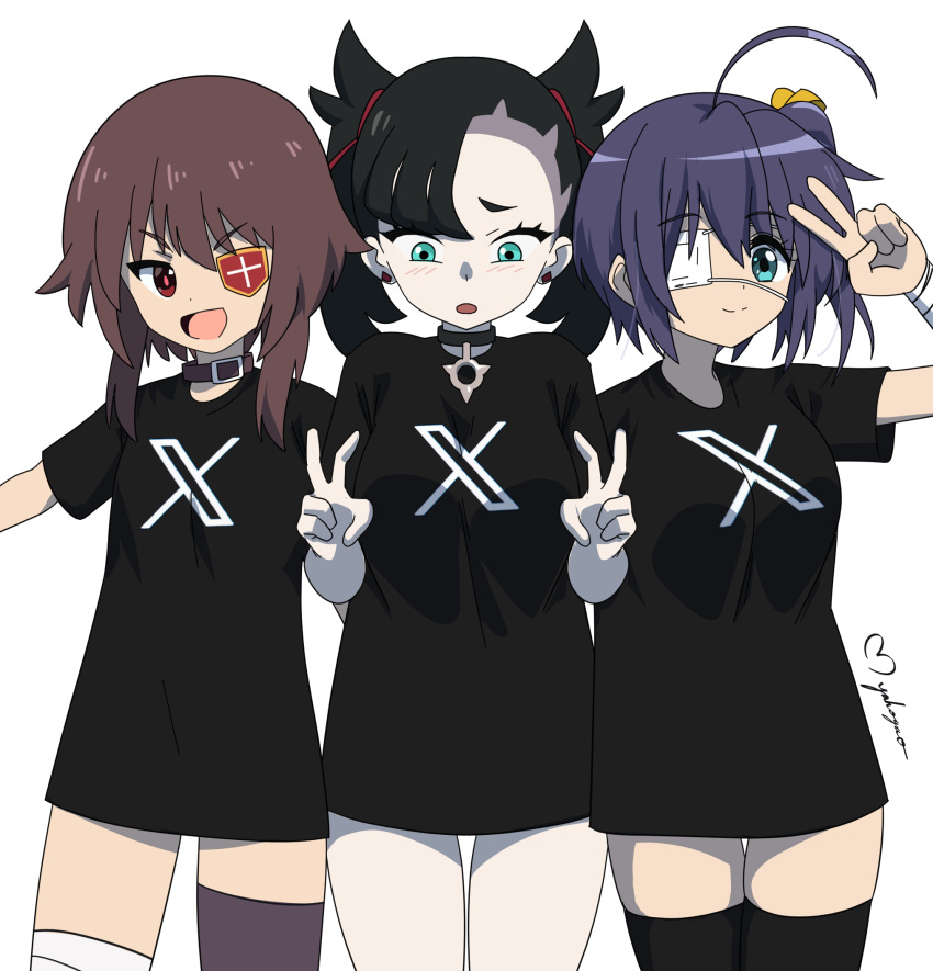 3girls ahoge asymmetrical_legwear bandaged_wrist bandages black_choker black_hair black_shirt black_thighhighs blue_eyes brown_hair choker chuunibyou_demo_koi_ga_shitai! commentary crossover double_v english_commentary eyepatch highres kono_subarashii_sekai_ni_shukufuku_wo! marnie_(pokemon) megumin mismatched_legwear multiple_crossover multiple_girls myahogao pokemon pokemon_(game) pokemon_swsh print_shirt purple_hair red_eyes shirt short_hair smile takanashi_rikka thighhighs twintails twitter twitter_logo twitter_x_logo undercut v