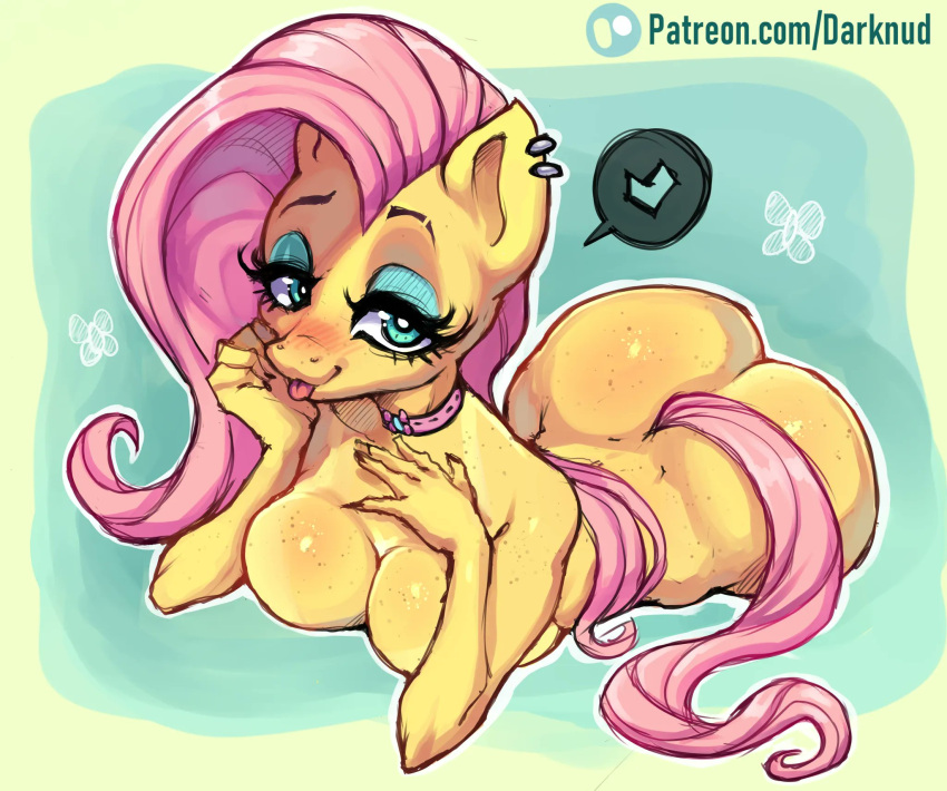 &lt;3 anthro anthrofied belt_collar big_breasts blep blue_eyeshadow blush body_blush breast_blush breasts butt butt_blush collar darknud ear_piercing equid equine eyeshadow female fluttershy_(mlp) freckles freckles_on_breasts friendship_is_magic green_eyes hair hand_on_chest hand_on_own_chest hasbro head_on_hand hi_res horse long_hair looking_at_viewer lying makeup mammal my_little_pony on_front piercing pink_hair pink_tail pony solo speech_bubble tail tongue tongue_out yellow_body