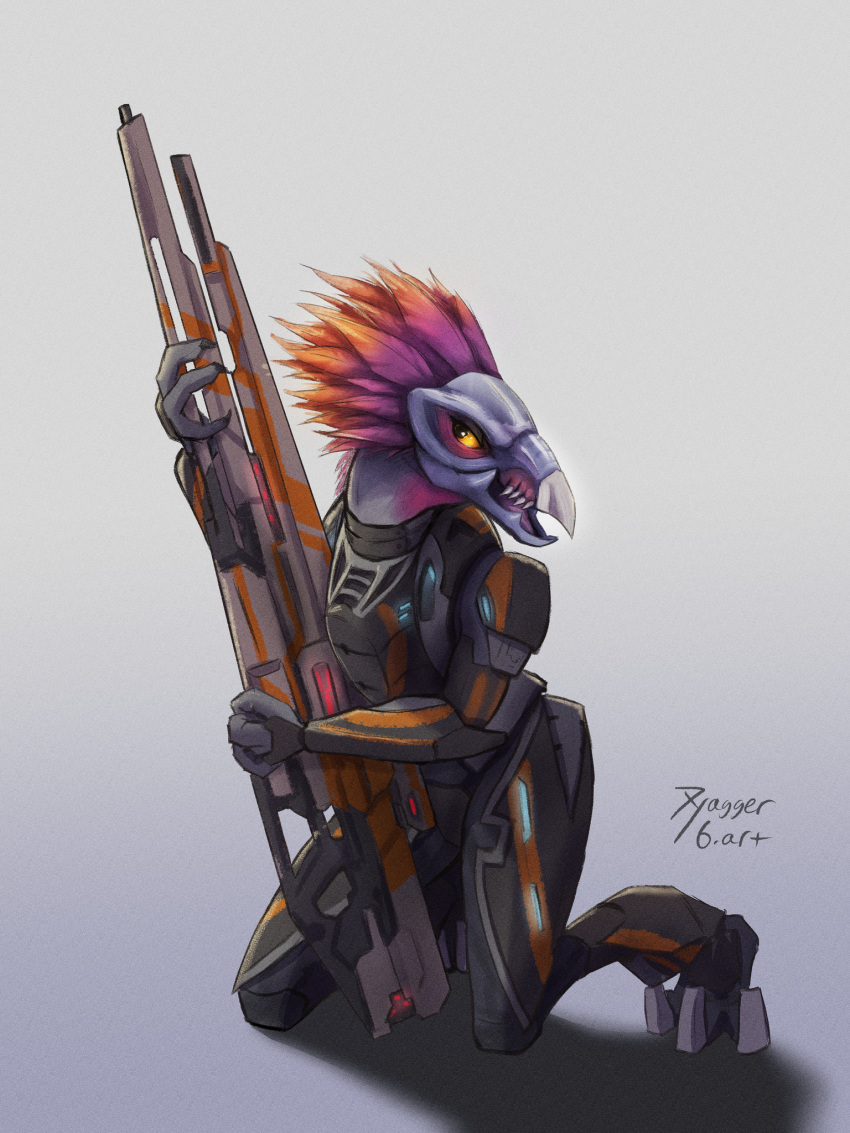 3_fingers 3_toes akilae06 alien anthro armguards armor avian beak binary_rifle breastplate claws colored cuisse digitigrade fangs feather_hair feathered_crest feathers feet female finger_claws fingers grey_body grey_skin gun halo_(series) head_crest hi_res holding_gun holding_object holding_ranged_weapon holding_weapon kig-yar kneeling looking_at_viewer microsoft open_mouth particle_accelerator particle_weapon pink_body pink_feathers pseudo_hair ranged_weapon scalie shaded simple_background sniper solo spaulder t'vaoan teeth toes tongue weapon xbox_game_studios yellow_eyes