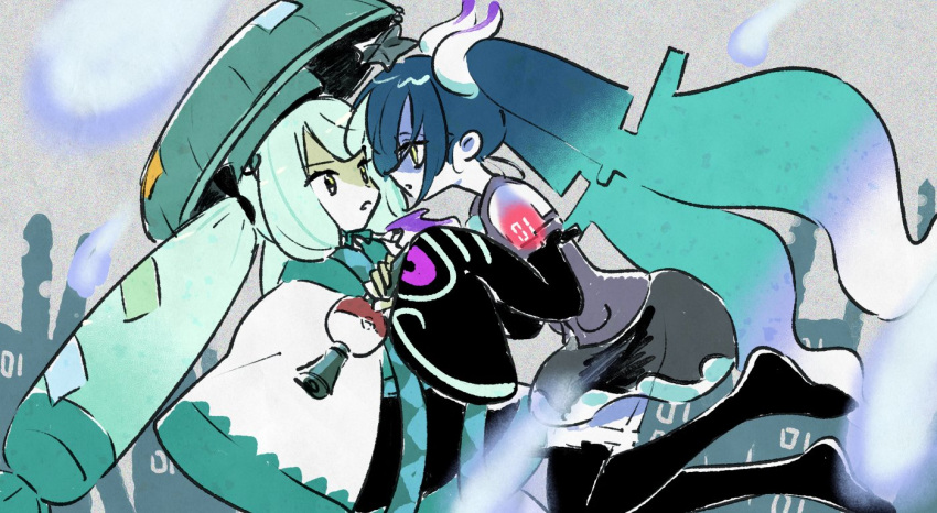 2girls bare_shoulders black_sleeves black_thighhighs blue_eyes blue_hair detached_sleeves ghost_miku_(project_voltage) grey_shirt hat hatsune_miku long_hair looking_at_another mokeo multiple_girls poke_flute pokemon project_voltage sandogasa shirt skirt steel_miku_(project_voltage) thighhighs twintails vocaloid