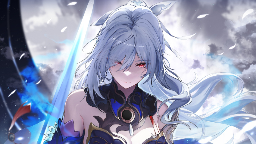 1girl blue_dress breasts cleavage closed_mouth cloud cloudy_sky commentary_request detached_sleeves dress floating_hair grey_sky hair_over_one_eye high_ponytail highres holding holding_sword holding_weapon honkai:_star_rail honkai_(series) jingliu_(honkai:_star_rail) long_hair looking_at_viewer marumoru red_eyes reverse_grip serious sidelocks sky solo sword upper_body weapon wind