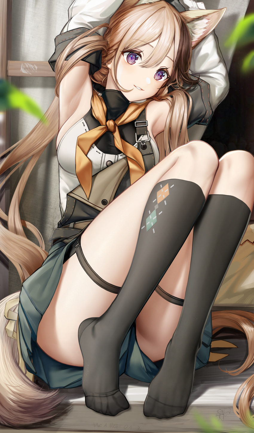 1girl absurdres animal_ear_fluff animal_ears argyle argyle_legwear arknights armpits arms_up black_socks brown_hair cardigan_(arknights) character_request check_character detached_sleeves feet grey_shorts hair_between_eyes highres kneehighs knees_up legs long_hair long_sleeves looking_at_viewer multicolored_hair no_shoes nopetroto parted_lips purple_eyes shirt short_shorts shorts sleeveless sleeveless_shirt smile socks solo streaked_hair tail thigh_strap toes very_long_hair white_shirt white_sleeves