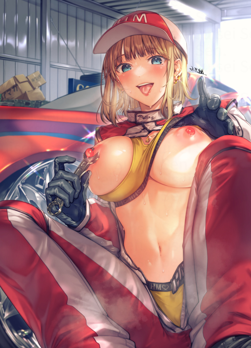 1girl artist_name baseball_cap black_gloves blonde_hair blue_eyes blunt_bangs blush box bra breast_slip breasts breasts_out car cardboard_box clothes_lift comic_hotmilk commentary_request earrings gloves hat highres holding holding_wrench indoors jacket jewelry jumpsuit large_breasts looking_at_viewer mechanic midriff motor_vehicle multicolored_clothes multicolored_jacket navel necklace nipples open_clothes open_jacket open_mouth original panties pants red_jacket red_pants short_hair sidelocks signature sitting solo sports_bra sports_bra_lift stud_earrings suihei_sen sweat teeth tongue tongue_out two-tone_jacket two-tone_pants underwear uniform upper_teeth_only warehouse white_jacket white_pants wrench yellow_bra yellow_panties