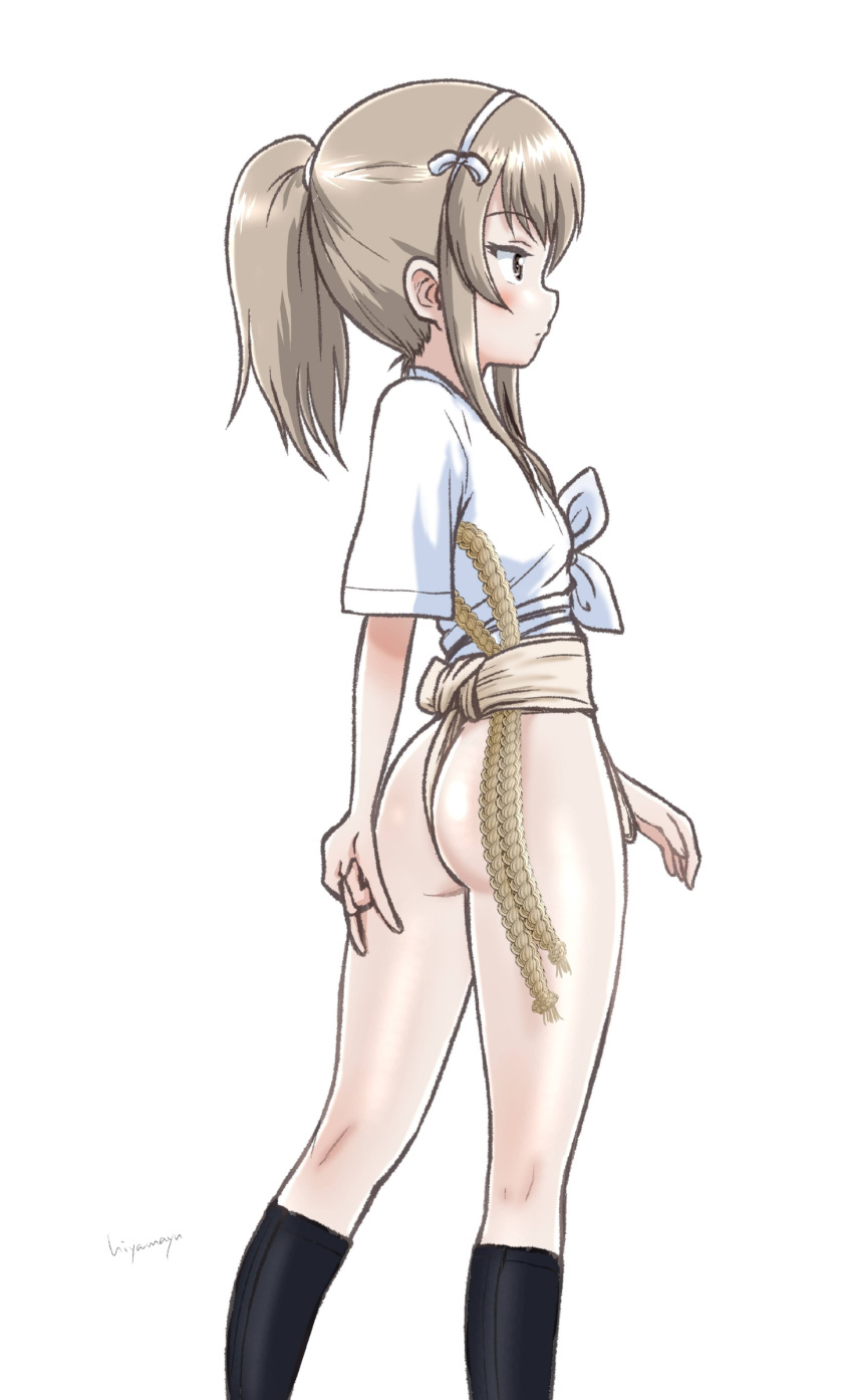 1girl absurdres ass blonde_hair blush breasts brown_eyes closed_mouth fundoshi girls_und_panzer highres hiyama_yuu_(wee259hiyama) japanese_clothes long_hair ponytail shimada_arisu signature simple_background small_breasts solo white_background yamakasa