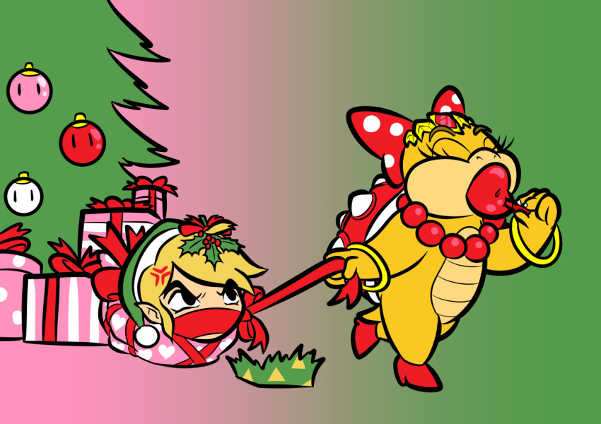accessory angry anthro blonde_hair bow_ribbon christmas christmas_tree clothing crossover duo female footwear gag gagged gift gift_wrapped hair hair_accessory hair_bow hair_ribbon holidays humanoid humanoid_pointy_ears hylian jewelry koopa koopaling lipstick makeup male mario_bros necklace nintendo orangechocobo plant ribbons scalie simple_background the_legend_of_zelda toon_link tree wendy_o._koopa wind_waker