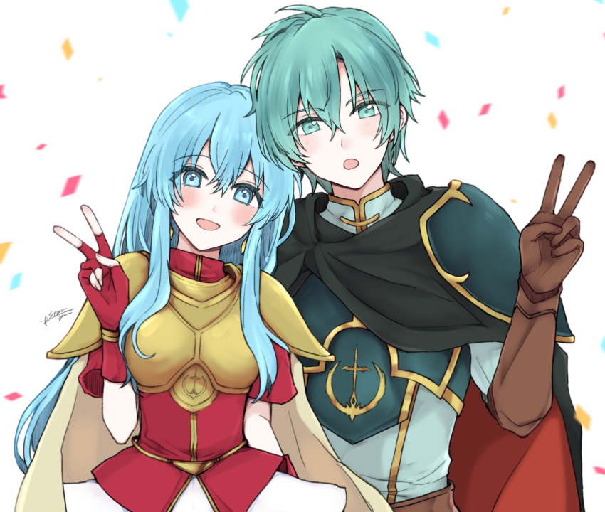 1boy 1girl aqua_eyes armor breastplate brother_and_sister brown_gloves cape confetti earrings eirika_(fire_emblem) ephraim_(fire_emblem) fingerless_gloves fire_emblem fire_emblem:_the_sacred_stones gloves hair_between_eyes highres jewelry long_hair looking_at_viewer misato_hao open_mouth red_gloves short_hair shoulder_armor siblings sidelocks twins upper_body v white_background