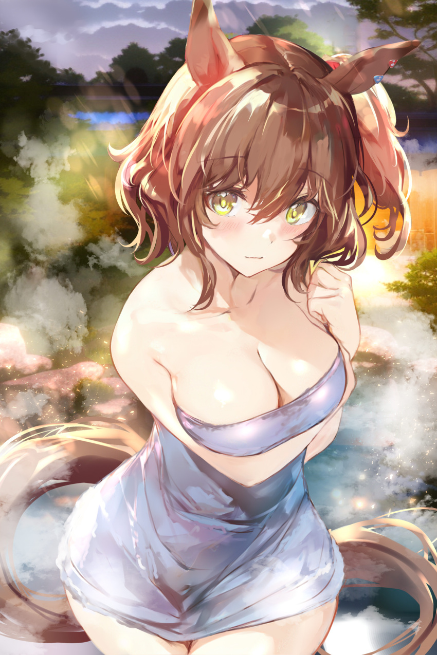 1girl absurdres animal_ears arm_under_breasts aston_machan_(umamusume) bare_shoulders breasts brown_hair cleavage commentary_request cowboy_shot highres horse_ears large_breasts looking_at_viewer naked_towel short_hair side_ponytail solo standing tail towel umamusume uu-tan_(hushigi10) yellow_eyes