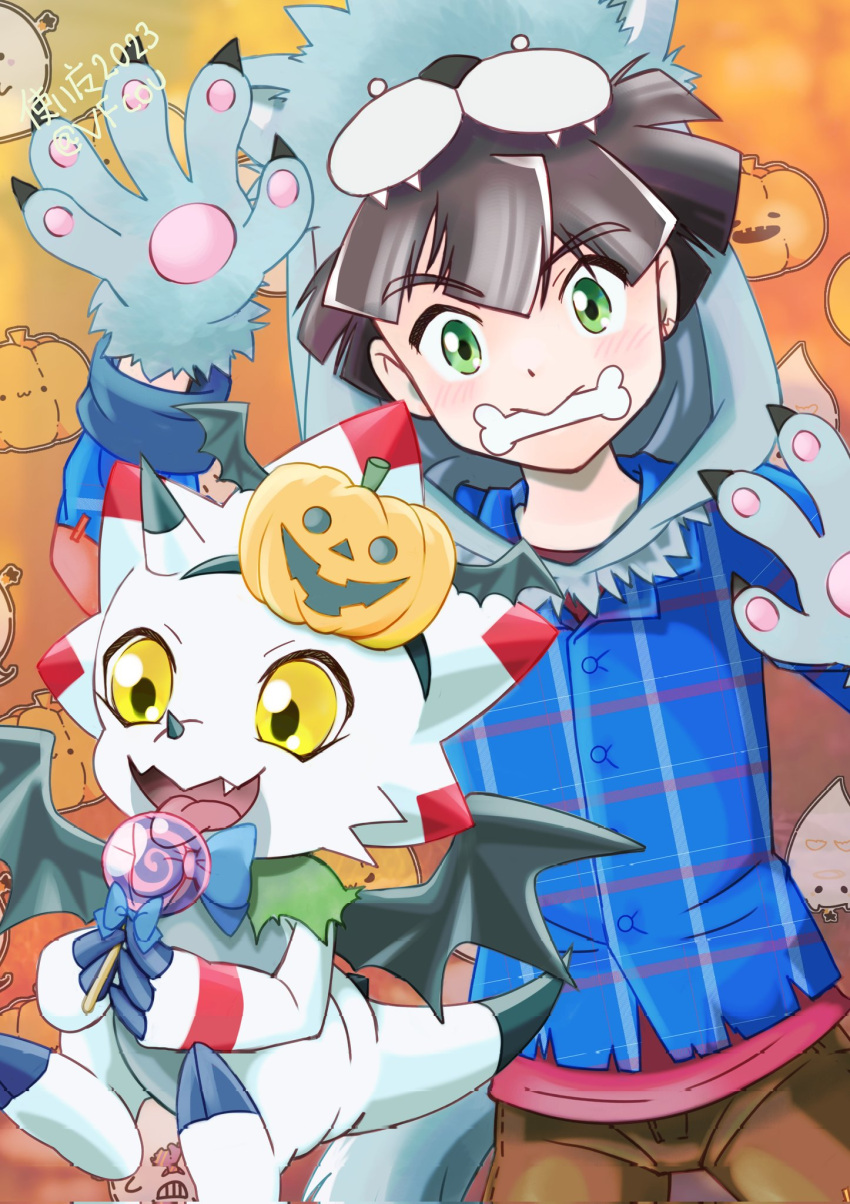 anthro bandai_namco bone_in_mouth brown_hair candy dessert digimon digimon_(species) digimon_ghost_game duo food gammamon green_eyes hair hi_res hiro_amanokawa horn human jack-o'-lantern lollipop male mammal pawpads smile vfcou werewolf_costume white_body wings yellow_eyes