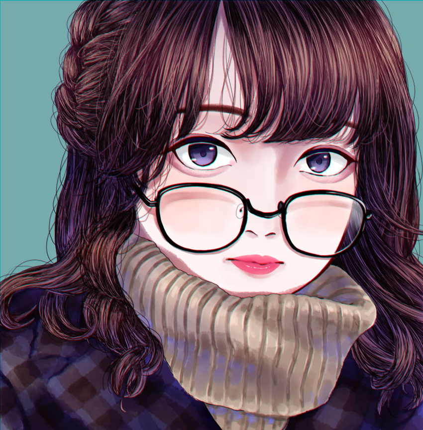 1girl aqua_background black-framed_eyewear brown_hair brown_sweater glasses highres long_hair looking_at_viewer original plaid portrait purple_eyes shadow shinkoku simple_background solo sweater