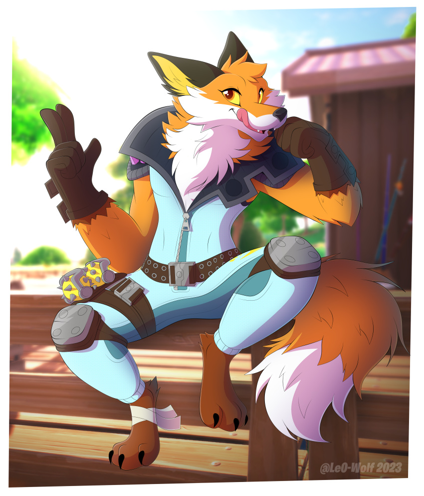 2023 5_fingers absurd_res anthro artist_name border bottomwear building canid canine clothing digital_media_(artwork) digitigrade epic_games fence fennix_(fortnite) fingers fluffy fortnite fox hi_res leo-wolf male mammal outside pants sitting_on_fence solo tongue tongue_out topwear white_border year