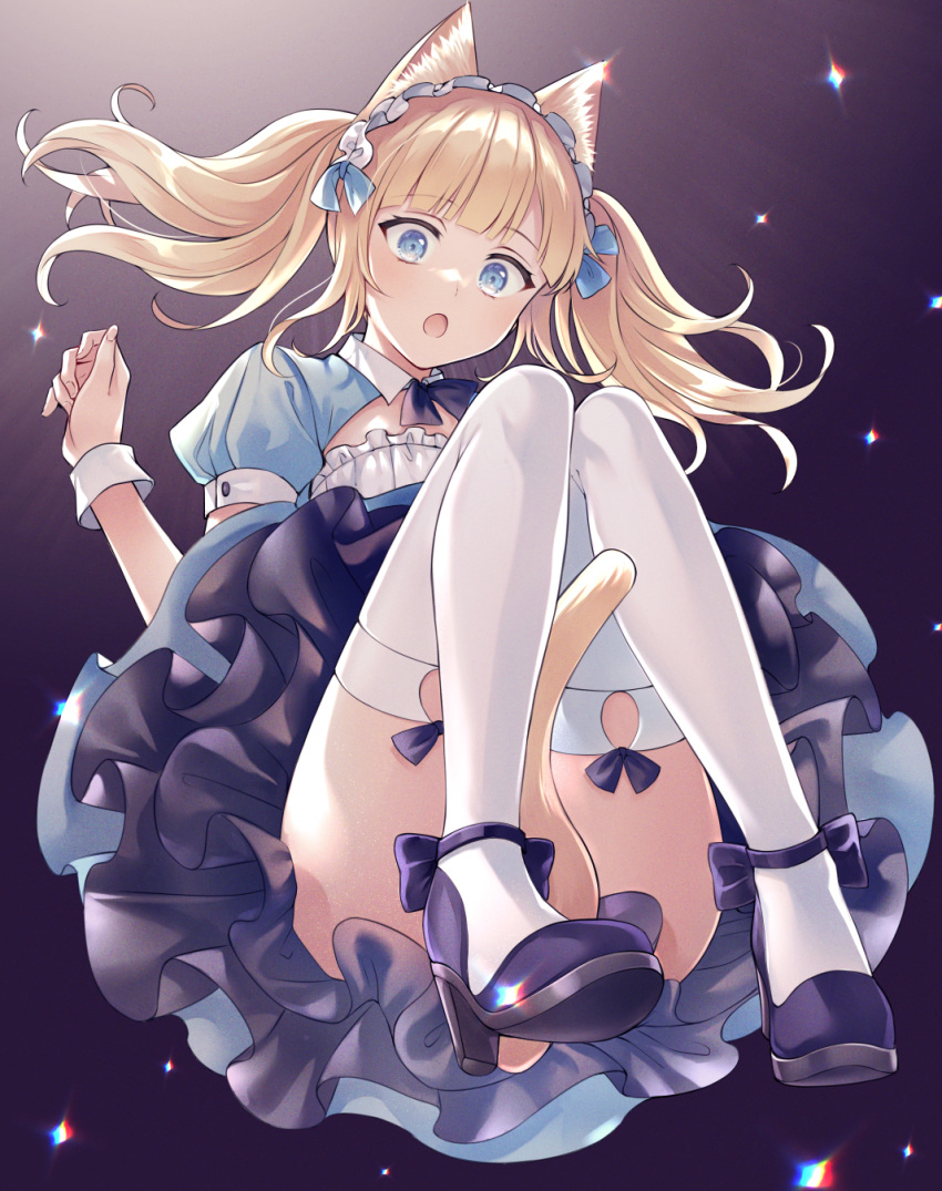 1girl :o animal_ears ankle_bow between_legs blonde_hair blue_eyes bow cat_ears cat_tail e_(eokiba) highres maid maid_headdress original puffy_short_sleeves puffy_sleeves purple_bow purple_footwear shoes short_sleeves sparkle tail tail_between_legs thigh_bow twintails upskirt wrist_cuffs