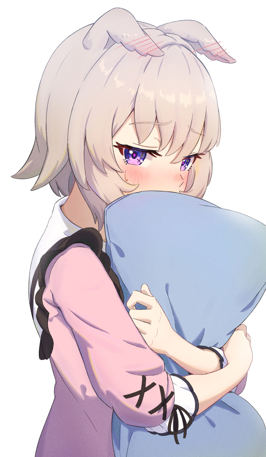 1girl alternate_costume animal_ears chahanramen commentary_request curren_chan_(umamusume) ears_down embarrassed grey_hair highres holding horse_ears horse_girl hugging_object looking_at_viewer pajamas pillow purple_eyes simple_background solo sweat umamusume white_background