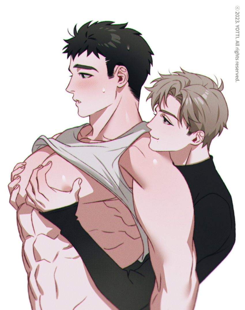 2boys abs bara black_hair blush clothes_lift from_side grabbing grabbing_from_behind highres large_pectorals lifted_by_another male_focus multiple_boys muscular muscular_male nipples original pectoral_grab pectorals sanpaku shirt_lift short_hair sideburns sweatdrop tank_top thick_eyebrows white_tank_top yaoi yotti