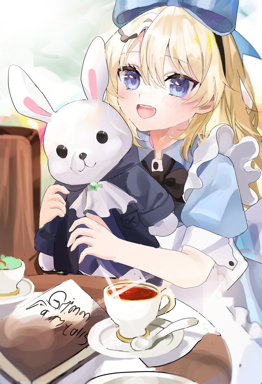 1girl :d absurdres alice_(black_souls) black_bow black_bowtie black_souls blonde_hair blue_bow blue_dress blue_eyes blush book bow bowtie cup dress english_commentary frilled_dress frills glint hair_between_eyes hair_bow hair_ornament highres long_hair looking_at_viewer pinafore_dress puffy_short_sleeves puffy_sleeves rabbit_hair_ornament saucer short_sleeves sleeveless sleeveless_dress smile solo stuffed_animal stuffed_rabbit stuffed_toy table tea teacup teaspoon upper_body wellski