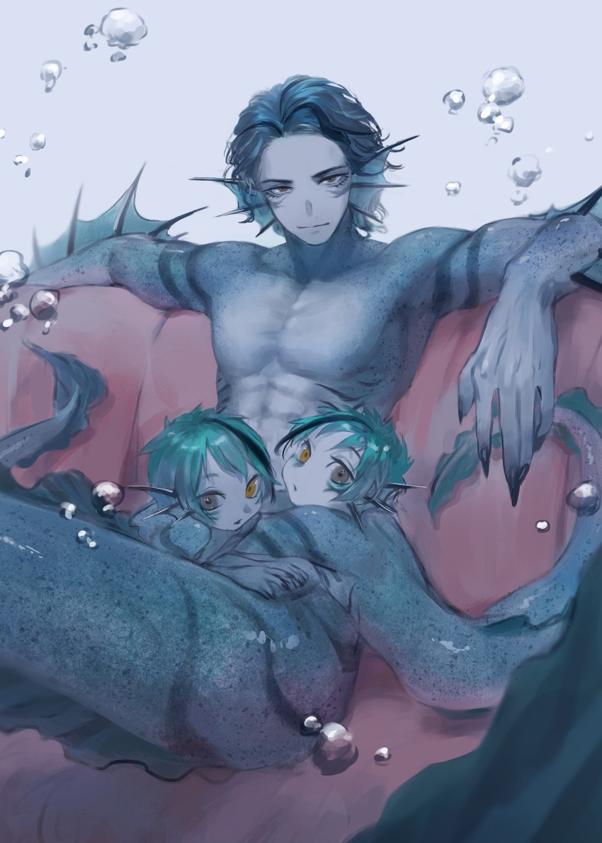 3boys :o absurdres aged_down air_bubble blue_background blue_hair blue_skin brown_eyes bubble closed_mouth colored_skin completely_nude couch eel_boy father_and_son fingernails fins floyd_leech gills grey_eyes hands_up head_fins heterochromia highres jade_leech kokorin light_smile looking_at_viewer male_child male_focus monster_boy multicolored_hair multiple_boys nude original sharp_fingernails short_hair simple_background sitting streaked_hair toned toned_male twisted_wonderland underwater wavy_hair yellow_eyes