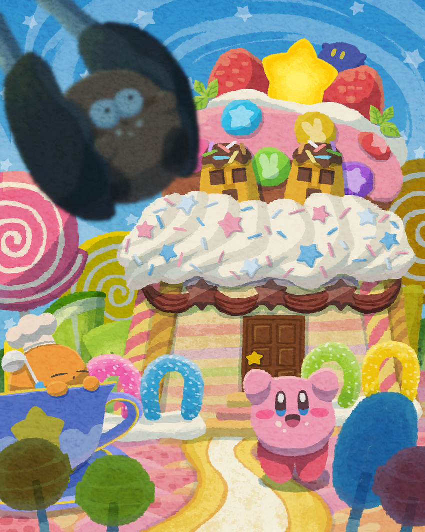 blush_stickers cake candy chocolate closed_mouth cook_kirby copy_ability cup food food_focus fruit highres kirby kirby's_dream_buffet kirby_(series) ladle lollipop looking_at_viewer miclot no_humans open_mouth pink_footwear shoes smile sprinkles strawberry teacup tongs wafer_stick