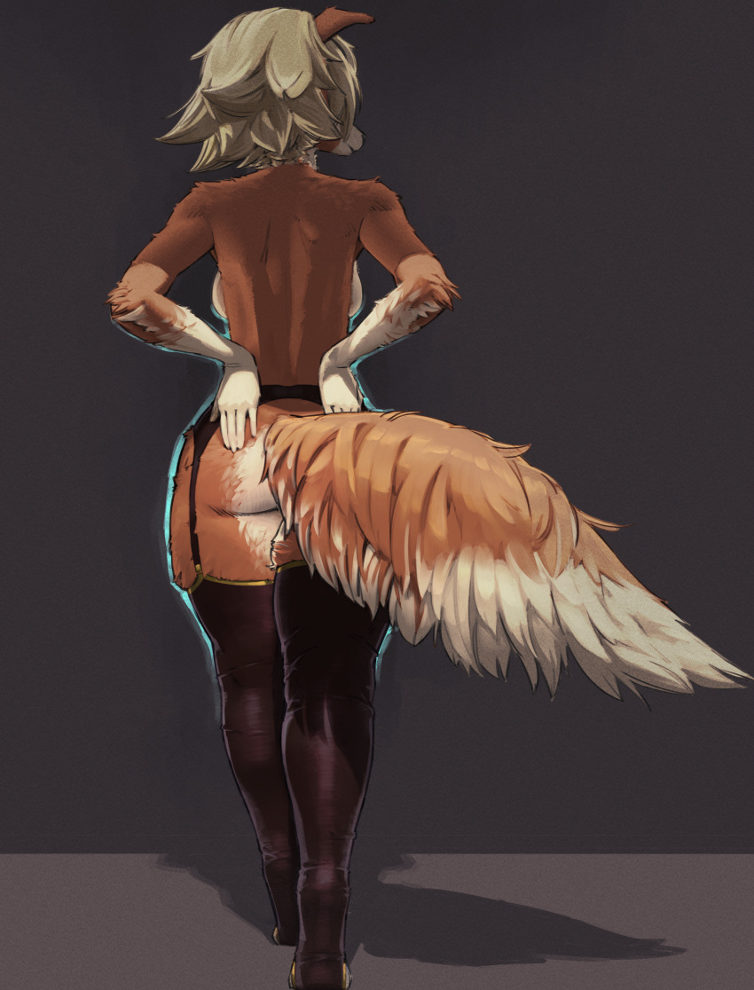 2023 5_fingers absurd_res anthro back_boob big_butt biped black_background black_lips black_nose blonde_hair borzoi breasts brown_body brown_ears brown_fur brown_tail butt canid canine canis clothing digital_drawing_(artwork) digital_media_(artwork) digitigrade domestic_dog facial_markings female fingers fluffy fluffy_tail full-length_portrait fur garter_belt garter_straps gloves_(marking) hair head_markings hi_res hunting_dog legwear light lighting lips long_tail looking_away mammal markings mostly_nude multicolored_body multicolored_fur muzzle_(marking) napalm_express pinup portrait pose rear_view shaded shadow sighthound silent_rain simple_background snout snout_markings solo stockings tail thick_thighs thigh_highs two_tone_body two_tone_fur two_tone_tail walking white_body white_fur white_tail