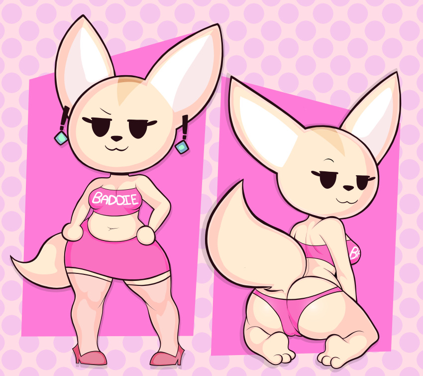 3_toes abstract_background absurd_res aggretsuko anthro blackmore butt canid canine clothing ear_piercing ear_ring feet female fennec fenneko footwear fox hi_res looking_back mammal navel panties piercing pink_clothing raised_tail ring_piercing sanrio shoes short_stack solo tail toes underwear