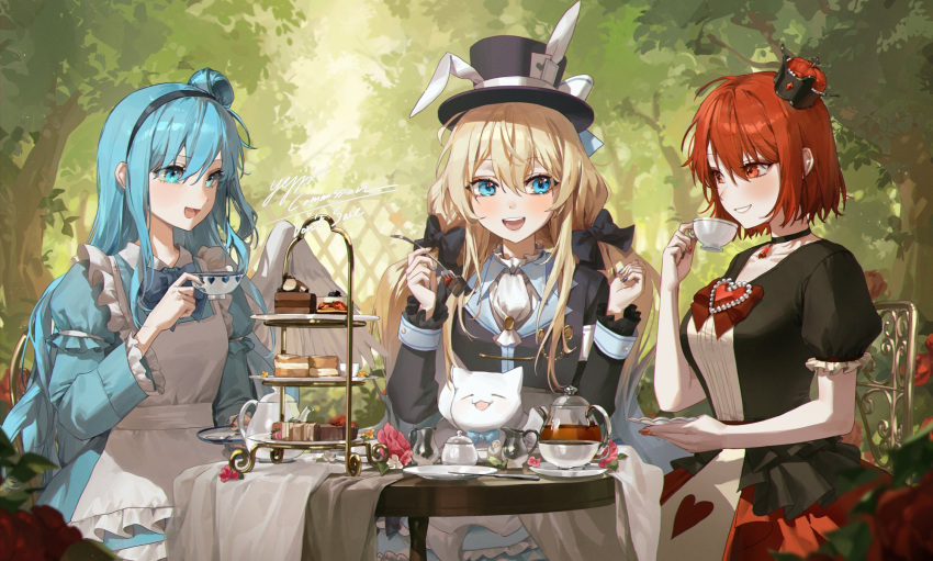 3girls :d alice_(alice_in_wonderland) alice_(alice_in_wonderland)_(cosplay) alice_in_wonderland apron armband asymmetrical_hair black_bow black_choker black_headband black_headwear black_shirt blonde_hair blue_dress blue_eyes blue_hair blue_nails blue_shirt bow brooch cake cat chair choker choppy_bangs collar commission cosplay crown cup double-parted_bangs dress flower food fork frilled_collar frills hair_bow hair_bun hat headband heart_brooch highres holding holding_cup holding_fork holding_plate jewelry knife long_hair looking_at_another low_twintails mad_hatter_(alice_in_wonderland) mad_hatter_(alice_in_wonderland)_(cosplay) maid maid_apron mini_crown multiple_girls neckerchief original pastry pink_flower pink_rose plate puffy_short_sleeves puffy_sleeves queen_of_hearts_(alice_in_wonderland) queen_of_hearts_(alice_in_wonderland)_(cosplay) red_bow red_eyes red_flower red_hair red_nails red_rose red_skirt rose shirt short_hair short_sleeves sidelocks single_side_bun sitting skirt smile table tablecloth tea_party teapot top_hat tree twintails wavy_hair white_neckerchief ye_jji