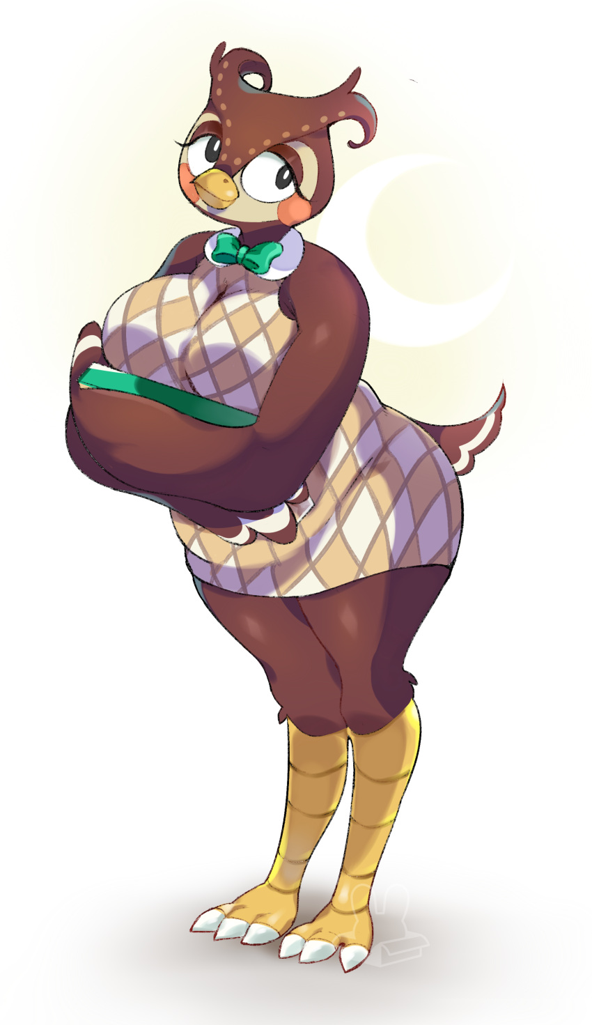 2020 absurd_res animal_crossing anthro avian big_breasts big_butt bird blathers_(animal_crossing) breasts brown_body bunsiebox butt clothing crossgender eyelashes female full-length_portrait green_bow_tie hi_res long_eyelashes looking_at_viewer nintendo owl portrait signature simple_background slightly_chubby solo standing sweater sweater_vest tight_clothing topwear vest white_background wide_hips