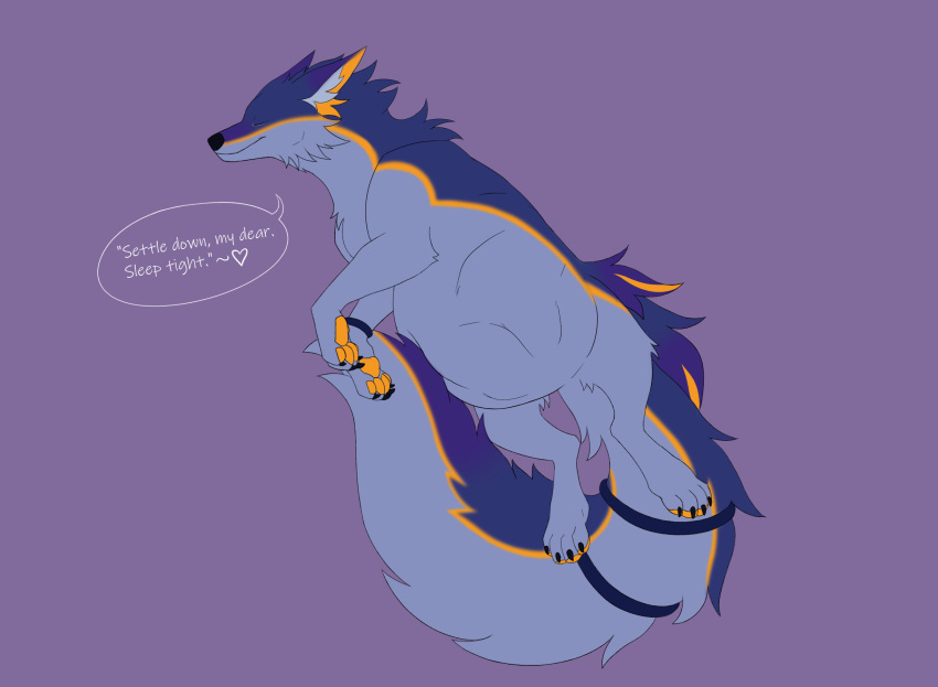 abdominal_bulge canid canine canis dialogue ears_back feral fluffy fluffy_tail fur hi_res jewelry lavender_body lying mammal markings on_back oral_vore orange_markings orange_paws pivoted_ears pred prey purple_body purple_fur relaxing soft_vore tail vore wolf wriithe