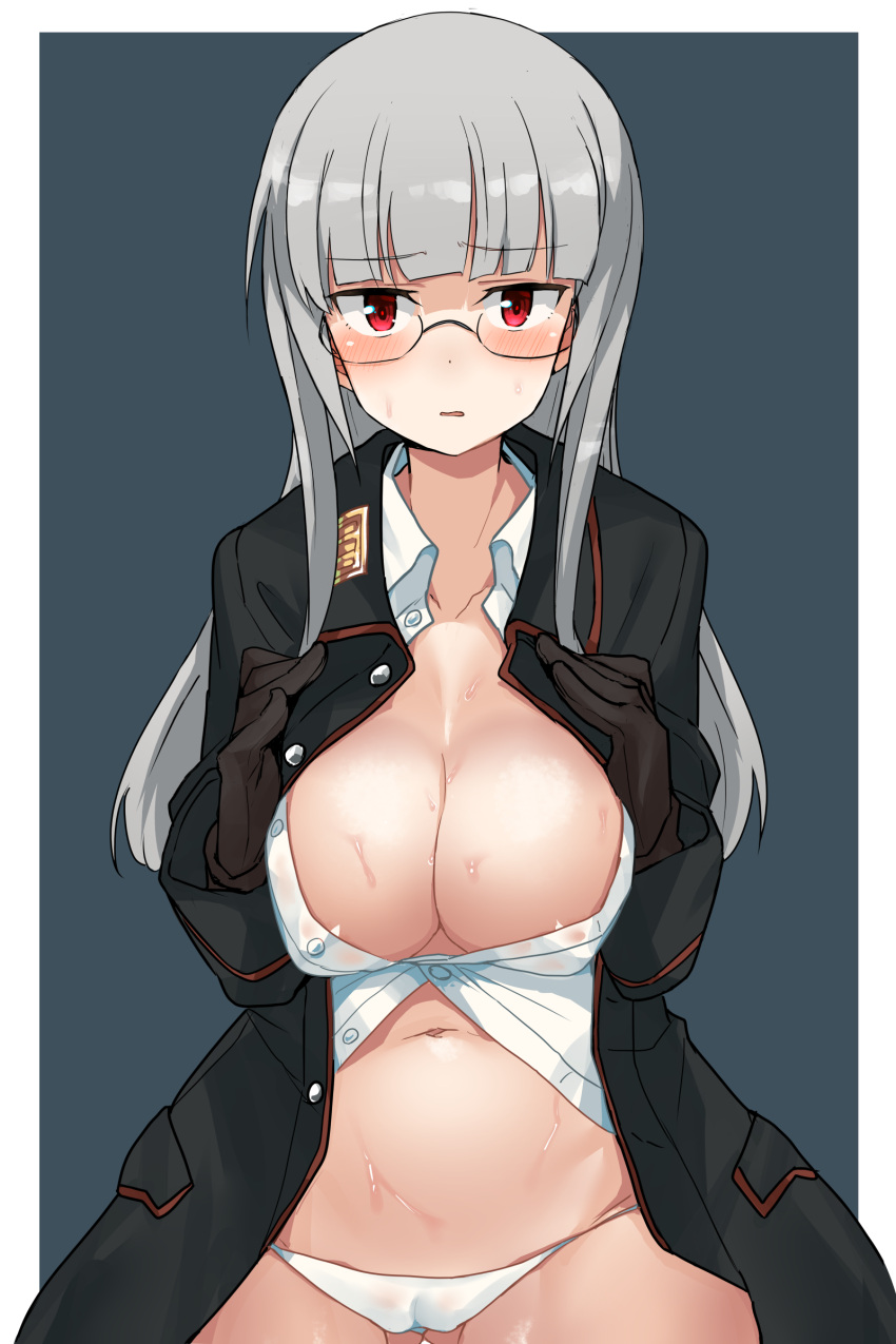 1girl absurdres black_gloves blue_background blush breasts buta-don cameltoe cleavage collarbone glasses gloves grey_hair heidimarie_w._schnaufer highres large_breasts long_hair looking_at_viewer military military_uniform navel no_bra panties red_eyes shirt simple_background solo strike_witches underwear uniform white_panties white_shirt world_witches_series