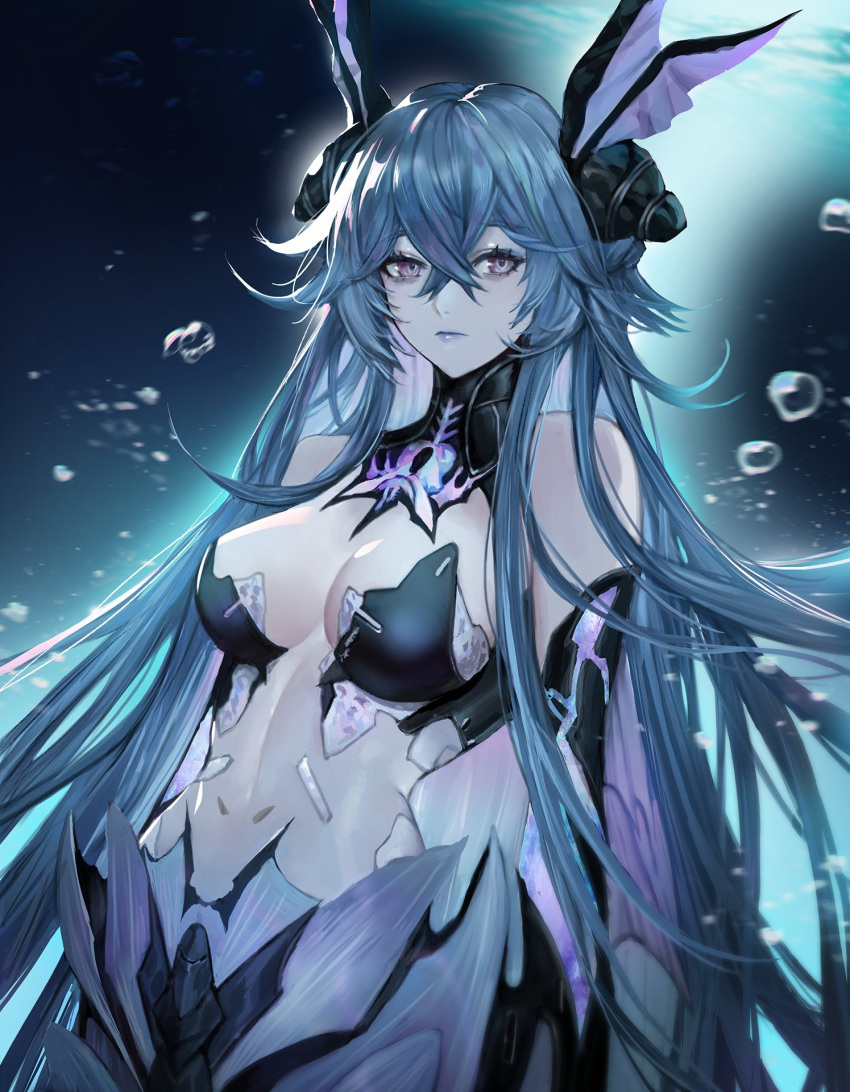 1girl air_bubble bare_shoulders blue_hair blue_lips breasts bubble commentary cowboy_shot crossed_bangs cyborg expressionless fins from_side hair_flaps head_fins highres lamia_(punishing:_gray_raven) long_hair looking_at_viewer mermaid midriff monster_girl punishing:_gray_raven purple_eyes rugi_rugi solo submerged underwater