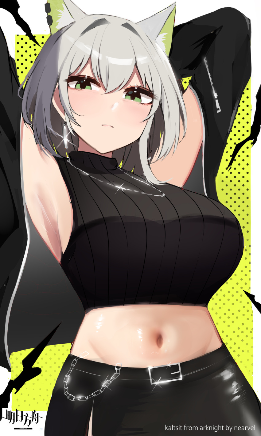 1girl absurdres alternate_costume animal_ears arknights armpits arms_up black_skirt breasts cat_ears crop_top from_below green_eyes grey_hair hand_up highres kal'tsit_(arknights) large_breasts looking_at_viewer medium_hair navel nearvel skirt solo