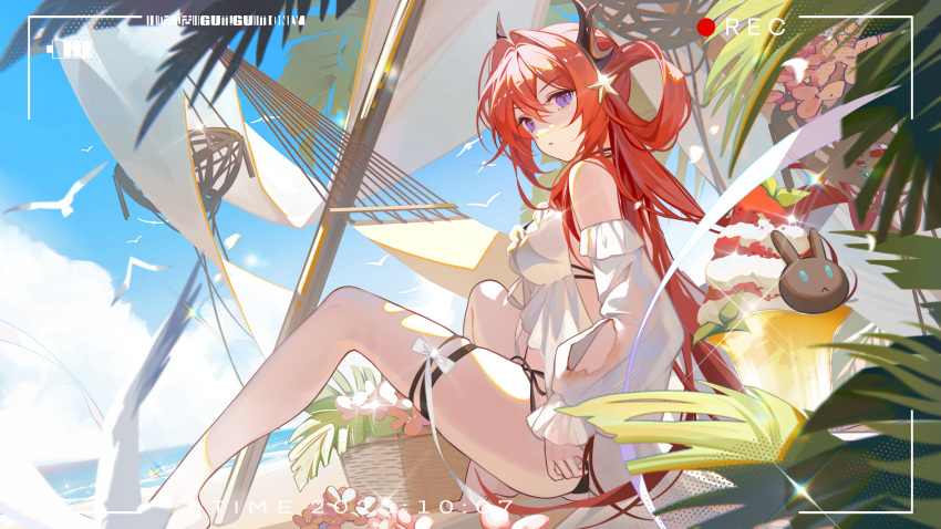 absurdres arknights bare_shoulders beach bikini bird black_bikini blue_sky breasts burnt_clothes chest_strap demon_girl demon_horns detached_collar food hair_ornament hammock highres horns ice_cream official_alternate_costume palm_tree purple_eyes red_hair see-through sitting sky star_(symbol) star_hair_ornament surtr_(arknights) surtr_(colorful_wonderland)_(arknights) swimsuit swimsuit_cover-up thigh_strap tree water xianyu_guguzi