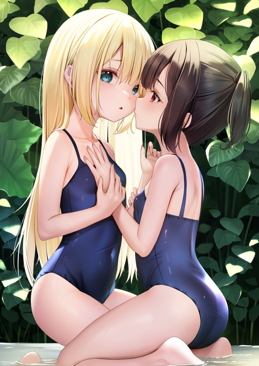 2girls bare_shoulders black_hair blonde_hair blue_eyes blue_one-piece_swimsuit blush breasts collarbone highres long_hair looking_at_viewer multiple_girls one-piece_swimsuit open_mouth original red_eyes short_hair short_ponytail sidelocks small_breasts swimsuit thighs yan_(nicknikg)