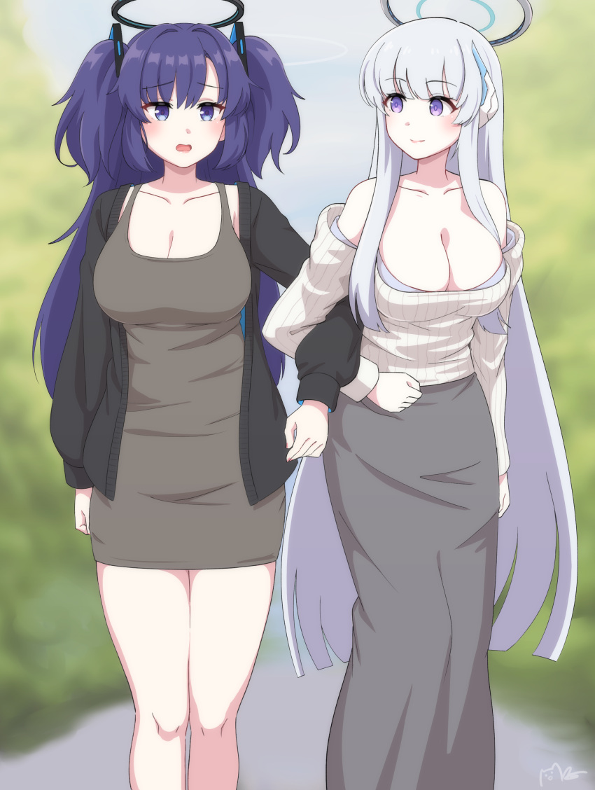 2girls absurdres alternate_costume bare_shoulders black_cardigan blue_archive blunt_bangs breasts cardigan casual collarbone commentary_request detached_sleeves dress grey_dress grey_skirt halo headgear highres large_breasts locked_arms long_hair long_skirt long_sleeves looking_at_another looking_at_viewer majinmallow multiple_girls noa_(blue_archive) open_cardigan open_clothes outdoors parted_bangs pencil_skirt purple_eyes purple_hair shirt short_dress sidelocks skirt sleeveless sleeveless_shirt triangle_hair_ornament two_side_up white_hair yuuka_(blue_archive)