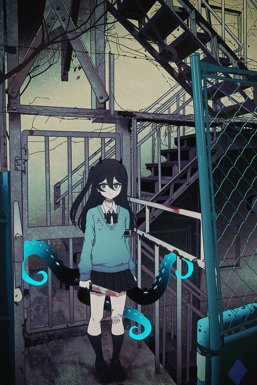 1girl arms_at_sides bandage_on_knee bandages bandaid bandaid_on_leg black_armband black_eyes black_hair black_skirt blood blood_on_bandages blood_on_clothes blood_on_knife blue_blood blue_eyes blue_sweater chain-link_fence collared_shirt commentary dress_shirt earrings expressionless fence gate gauze gyaru hair_between_eyes highres holding holding_knife horns indie_virtual_youtuber jewelry kneehighs knife long_sleeves looking_at_viewer miniskirt multicolored_eyes nkymyura one_side_up outdoors pleated_skirt ringed_eyes school_uniform shirt skirt socks solo stairs stairwell stitched_neck stitches stud_earrings sweater tentacles virtual_youtuber white_shirt yamata_ia