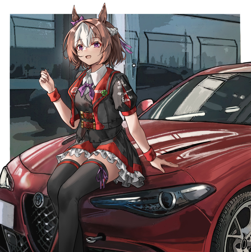 1girl alfa_romeo alfa_romeo_giulia animal_ears belt black_jacket black_skirt black_thighhighs black_vest bow braid car collared_shirt crown_braid ear_bow fr-ee-dom highres horse_ears horse_girl jacket looking_at_viewer motor_vehicle multicolored_hair neck_ribbon on_vehicle open_mouth purple_bow purple_eyes purple_ribbon red_belt red_car ribbon shirt short_hair sitting skirt smile solo special_week_(umamusume) streaked_hair thighhighs umamusume vest white_hair white_shirt wristband