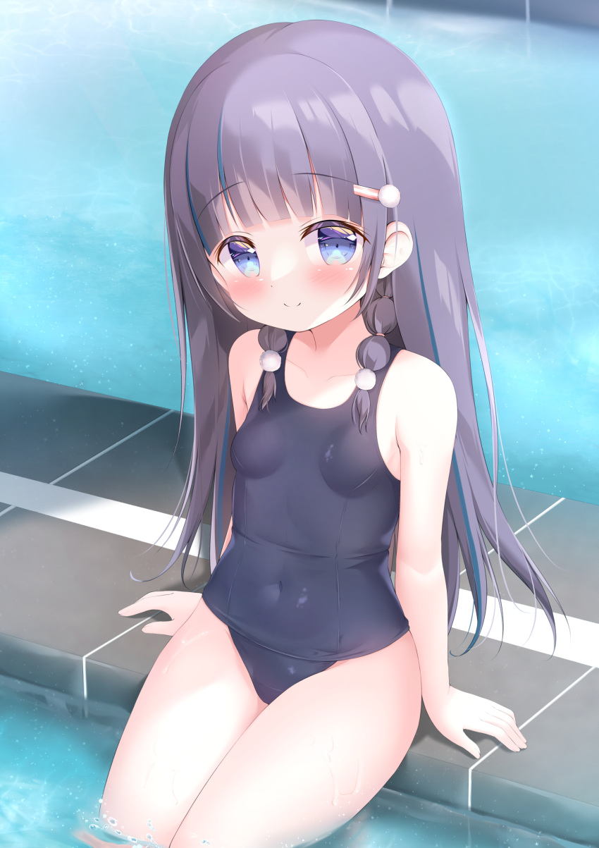 1girl absurdres arm_support black_hair black_one-piece_swimsuit blue_eyes blue_hair blush braid breasts closed_mouth collarbone commentary_request covered_navel hair_ornament hair_over_shoulder hairclip highres long_hair looking_at_viewer multicolored_hair old_school_swimsuit one-piece_swimsuit original renew_vivi school_swimsuit sitting small_breasts smile solo streaked_hair swimsuit twin_braids very_long_hair water