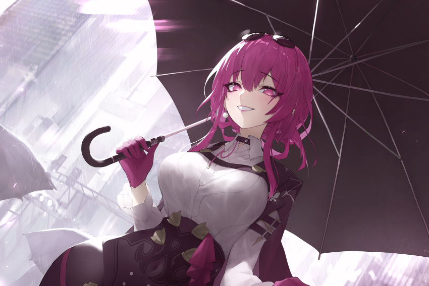 1girl black_cape black_shorts breasts cape collared_shirt covered_navel dutch_angle from_below gloves grin high-waist_shorts highres holding holding_umbrella honkai:_star_rail honkai_(series) juffles kafka_(honkai:_star_rail) large_breasts long_sleeves looking_at_viewer looking_down outdoors purple_eyes purple_gloves purple_hair shirt shirt_tucked_in shorts smile solo_focus umbrella white_shirt