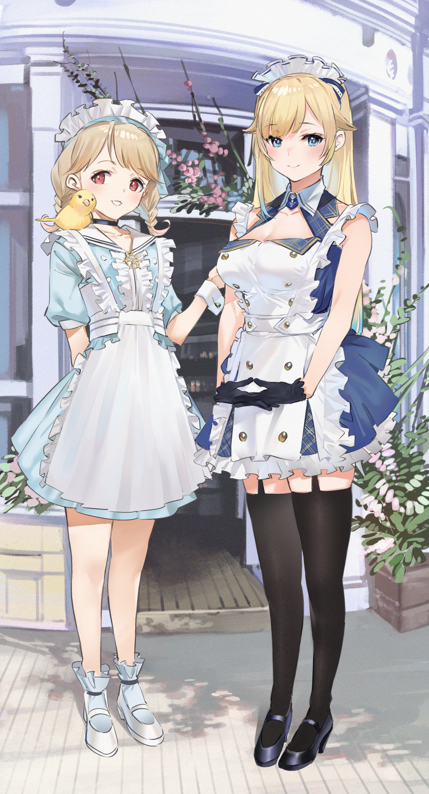 2girls absurdres aizawa_ema animal_on_shoulder apron aqua_hair bird bird_on_shoulder black_choker black_footwear black_gloves black_thighhighs blonde_hair blue_dress blue_eyes braid breasts center_frills choker cleavage collarbone dress flat_chest frilled_apron frilled_socks frills full_body ga/ddd gloves gradient_hair grin highres interlocked_fingers kogara_toto large_breasts long_hair looking_at_viewer lupinus_virtual_games maid maid_apron maid_headdress mary_janes multicolored_hair multiple_girls outdoors plaid plaid_dress plant potted_plant red_eyes sailor_collar shoes sidelocks sleeveless sleeveless_dress smile socks standing swept_bangs thighhighs twin_braids virtual_youtuber vspo! waist_apron white_footwear white_sailor_collar window wrist_cuffs