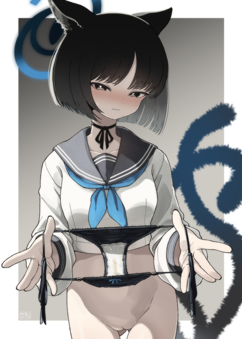 1girl animal_ears ass_visible_through_thighs black_choker black_eyes black_hair black_panties black_ribbon black_sailor_collar blue_archive blue_halo blue_neckerchief blunt_ends bottomless bow bow_panties breasts cat_ears cat_girl cat_tail choker cleft_of_venus collarbone commentary_request cowboy_shot cropped_shirt half-closed_eyes halo highres holding holding_clothes holding_panties holding_underwear kikyou_(blue_archive) long_sleeves looking_at_viewer medium_breasts multiple_tails neckerchief nekomata panties pee_stain presenting_removed_panties pussy ribbon ribbon_choker sailor_collar shirt short_hair side-tie_panties solo stained_panties tail two_tails underwear utm_iota white_shirt