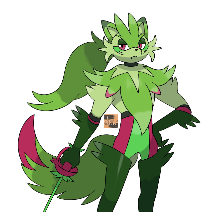 ambiguous_gender anthro clothing darknsfwindie drawfee_(copyright) fakemon felid feline fluffy fluffy_tail fur gloves green_body green_fur hair handwear hi_res legwear mammal melee_weapon ponytail solo sprigatito_(karina_farek) sword tail thigh_highs weapon