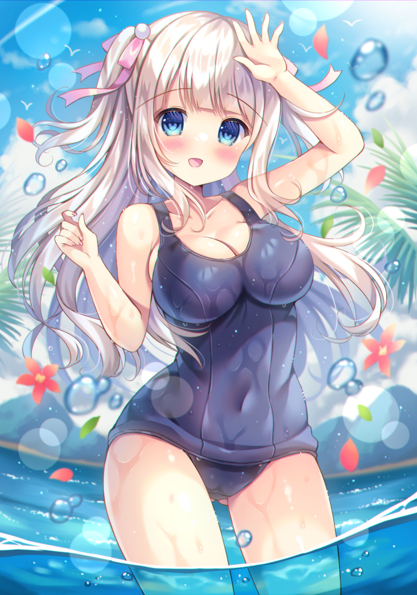 1girl :d arm_up bare_arms bare_shoulders blue_eyes blue_one-piece_swimsuit blue_sky blurry blurry_background bow breasts cleavage cloud collarbone commentary_request commission covered_navel day depth_of_field flower grey_hair hair_bow highres kouta. large_breasts long_hair looking_at_viewer old_school_swimsuit one-piece_swimsuit one_side_up original outdoors palm_tree petals pink_bow red_flower school_swimsuit skeb_commission sky smile solo standing swimsuit tree very_long_hair water