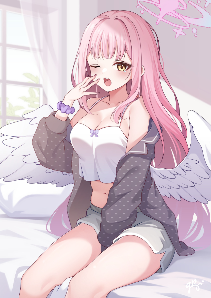 1girl ;o absurdres bed_sheet blue_archive blush breasts camisole cleavage collarbone crop_top dolphin_shorts feathered_wings feet_out_of_frame grey_shorts guri_(gri1211) halo highres indoors long_hair looking_at_viewer medium_breasts mika_(blue_archive) navel on_bed one_eye_closed open_clothes open_shirt pillow pink_hair polka_dot polka_dot_shirt scrunchie shirt shorts sitting sleeping solo stomach straight_hair tears teeth upper_teeth_only very_long_hair white_camisole white_wings wings wrist_scrunchie yawning