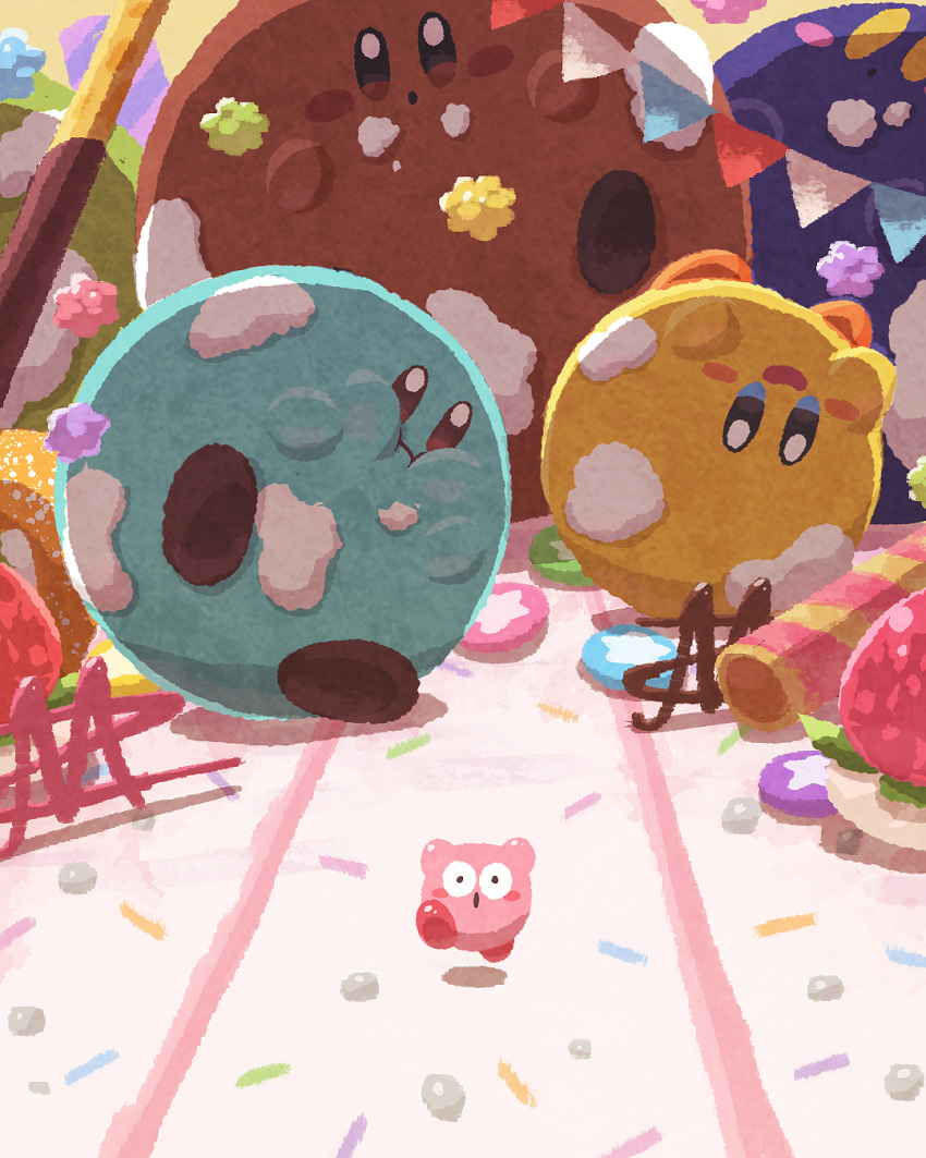 blue_eyes blush_stickers brown_footwear cake candy commentary doughnut food highres icing kirby kirby's_dream_buffet kirby_(series) konpeitou miclot no_humans open_mouth pink_footwear pocky shoes string_of_flags