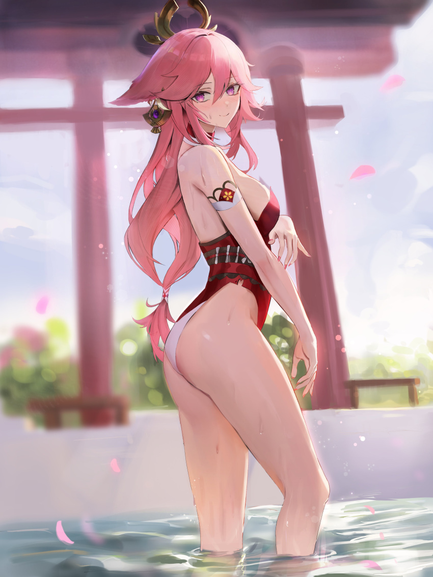 1girl absurdres animal_ears armlet ass blurry blurry_background breasts collar depth_of_field detached_collar fox_ears genshin_impact hair_between_eyes hair_ornament highres long_hair looking_at_viewer low_ponytail medium_breasts one-piece_swimsuit pink_hair purple_eyes red_collar shinto sidelocks smile solo strapless subu_art swimsuit water yae_miko